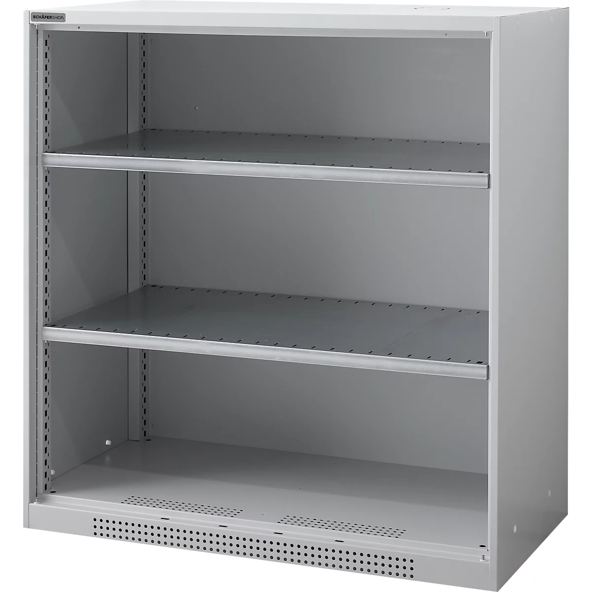 Grey, empty cabinet with three shelves. Holes for ventilation are in the bottom area.