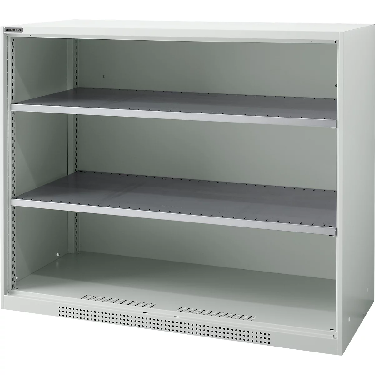 White steel cabinet with three shelves. The bottom compartment has ventilation holes.