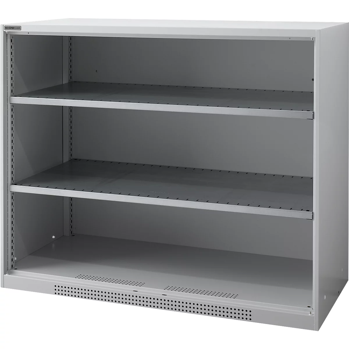 A grey cabinet with three shelves. The cabinet is empty and has a simple shape.