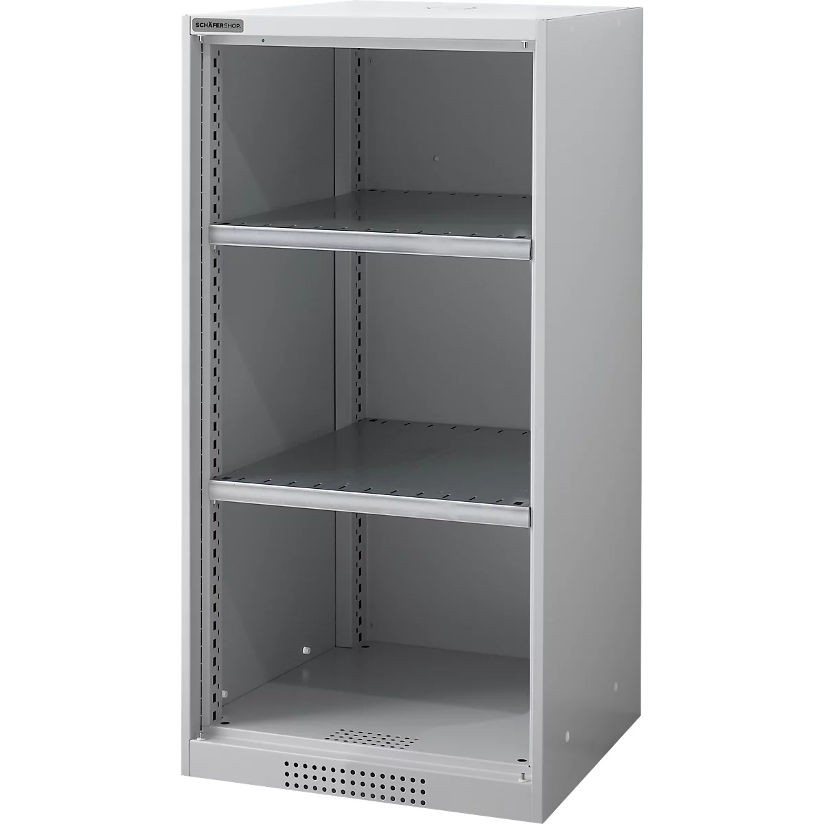Open gray cabinet with three shelves. Small ventilation slots at the bottom.