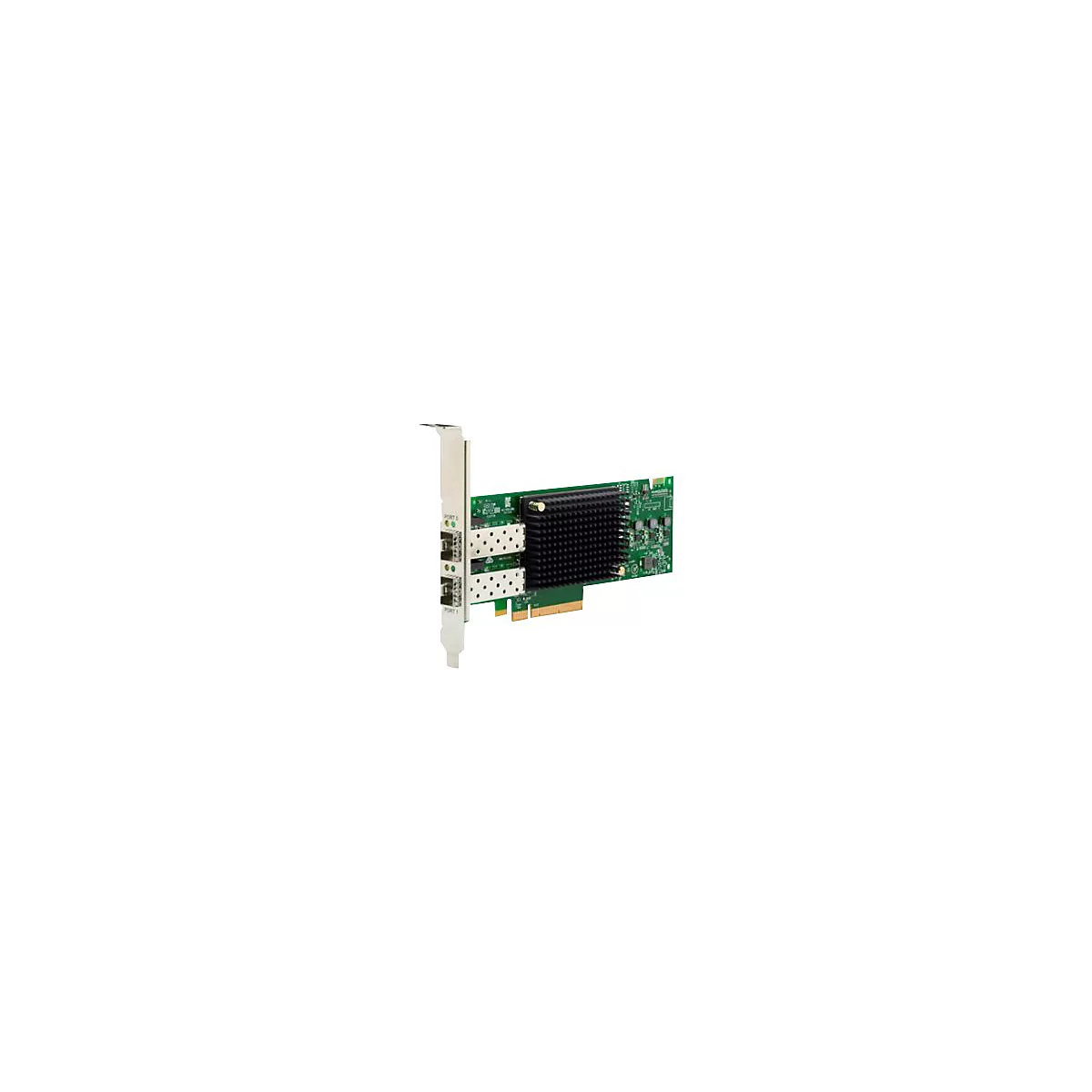 Grüne Netzwerkkarte mit Kühlkörper und zwei SFP-Ports an einer Metallblende.