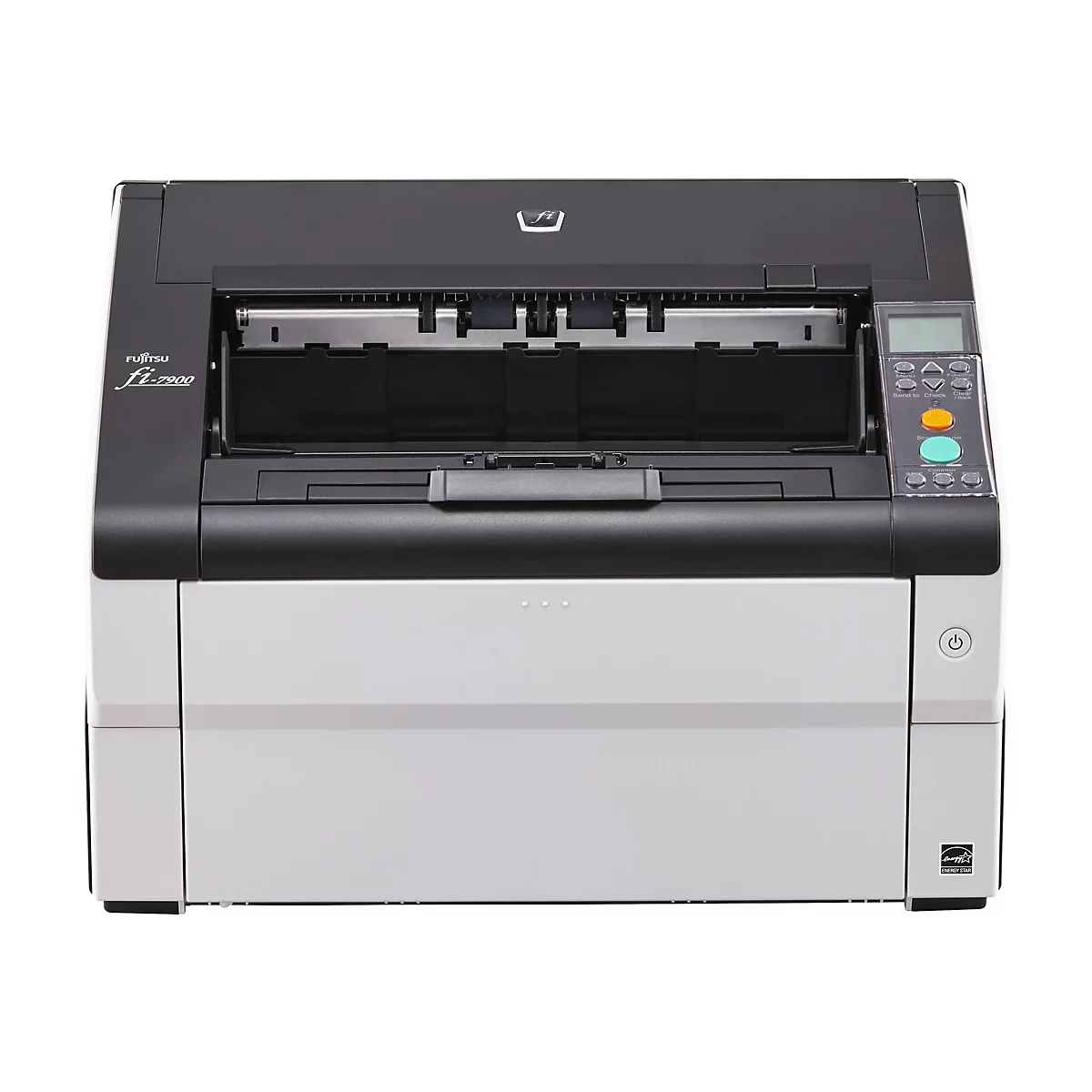 Un scanner Fujitsu fi-7900 gris et blanc. Sur le dessus, il y a un petit panneau de commande avec des boutons et un écran. Sur le côté droit, un bouton marche/arrêt.