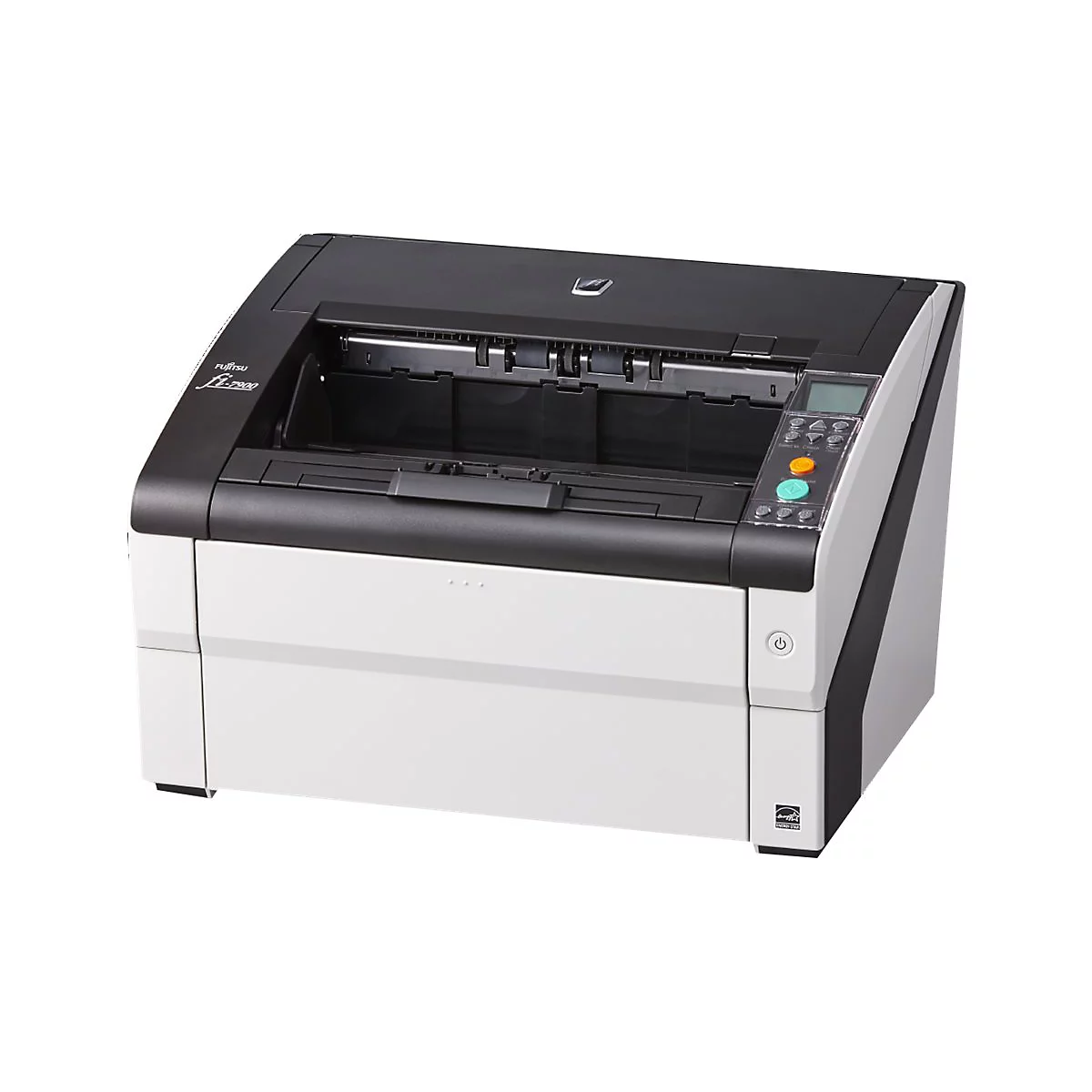Un scanner gris avec un dessus noir et des côtés blancs, le logo Fujitsu est imprimé.