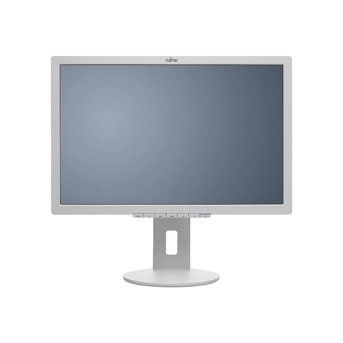 Grauer Fujitsu Monitor mit schlichtem Standfuß auf weißem Hintergrund.