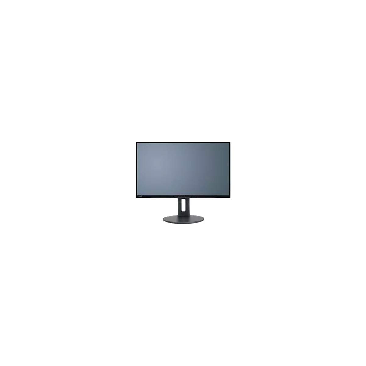 Schwarzer Fujitsu Monitor mit schmalem Rahmen auf einem runden Standfuß vor weißem Hintergrund.