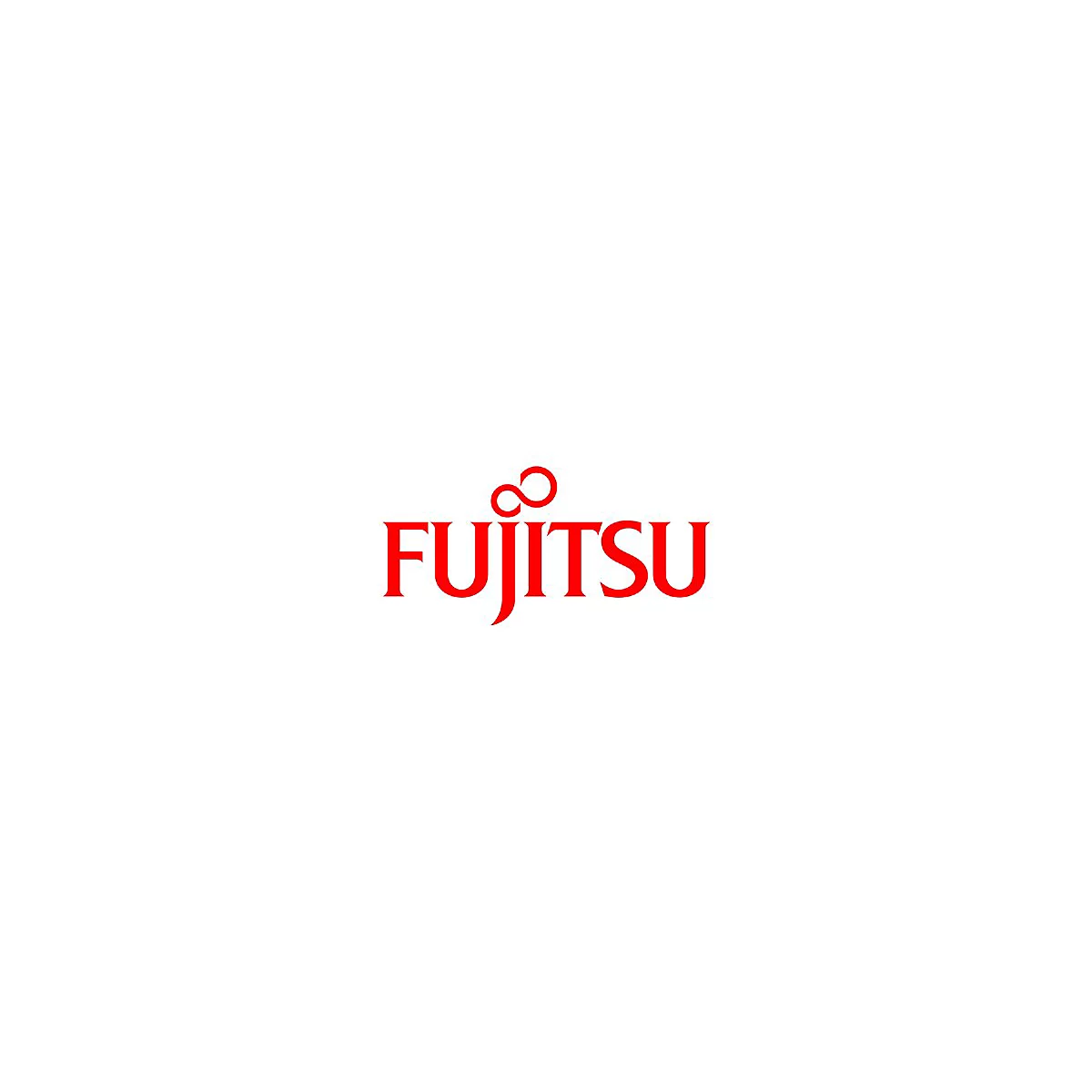 Rotes Fujitsu-Logo auf weißem Hintergrund, Schriftzug und Unendlichkeitszeichen.