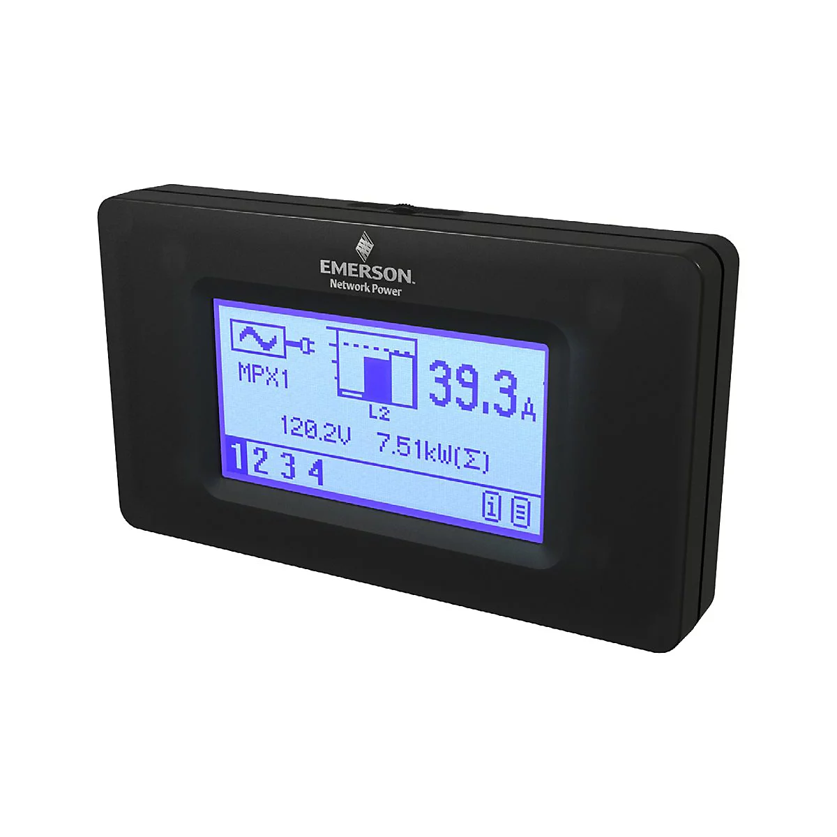 Schwarzes Emerson Messgerät mit blauem Display, das Stromwerte wie 39,3 A und 7,51 kW anzeigt.