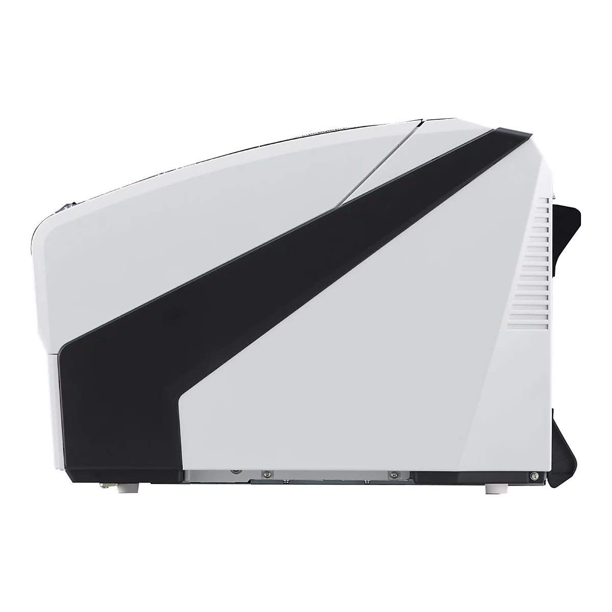 Seitenansicht eines weißen Geräts mit schwarzem Winkelstreifen. Rechts Lüftungsschlitze, unten Füße.