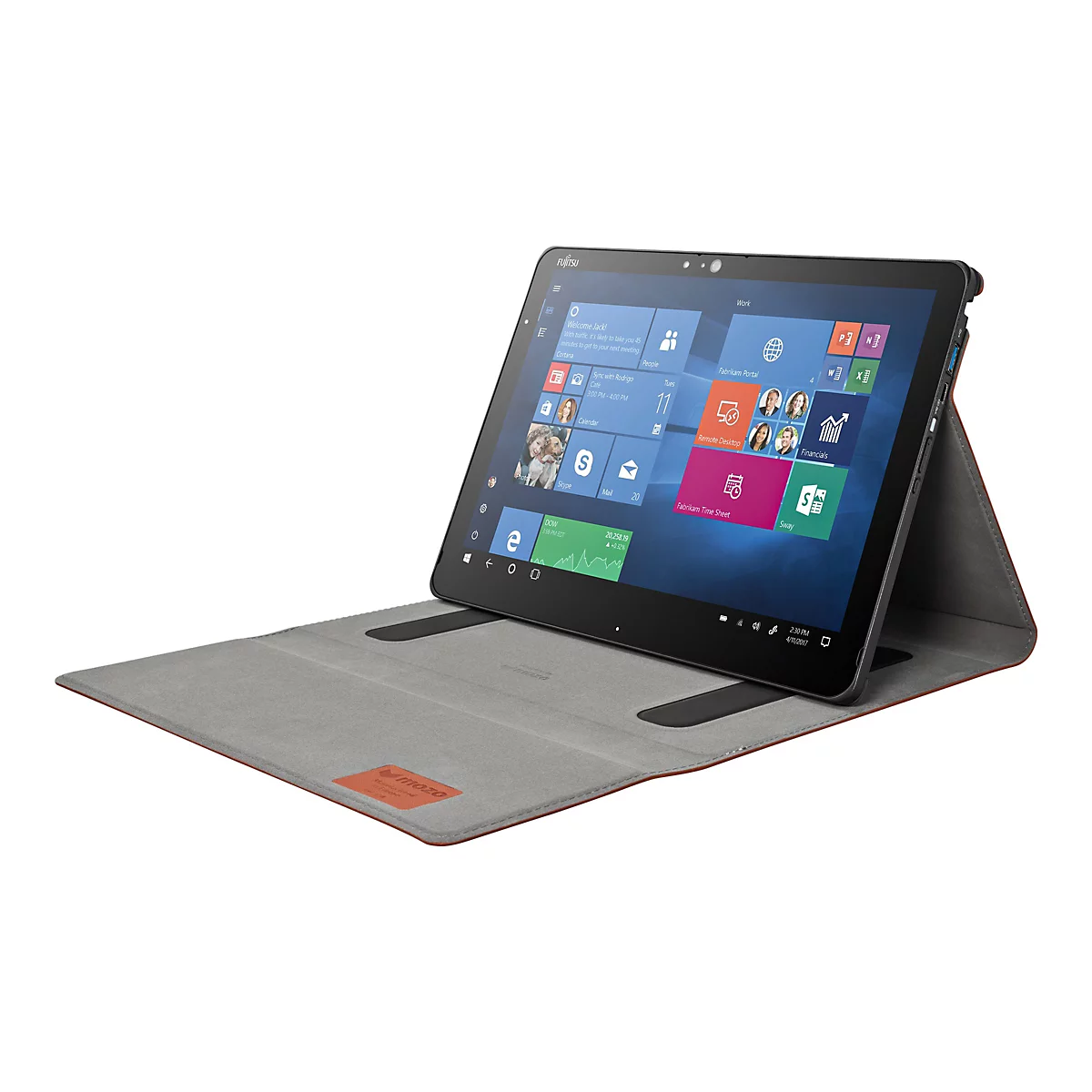 Fujitsu Tablet in einer braunen Lederhülle mit Windows Startbildschirm, schräg von vorne betrachtet.