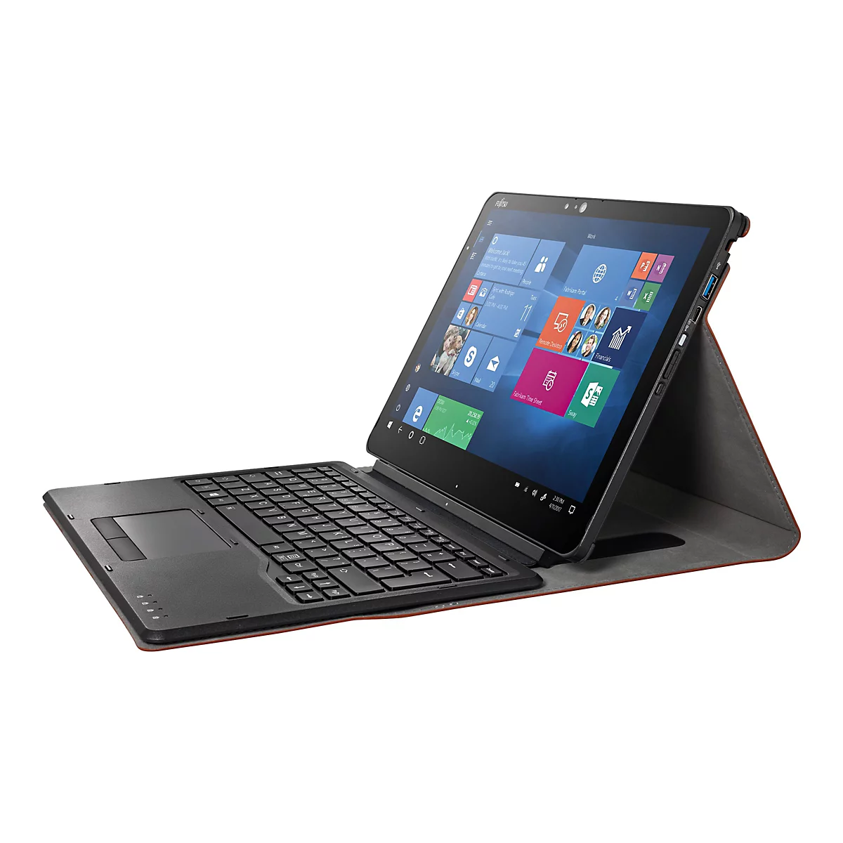 Fujitsu Tablet mit angedockter Tastatur auf einer braunen Schutzhülle, schräg von der Seite fotografiert.