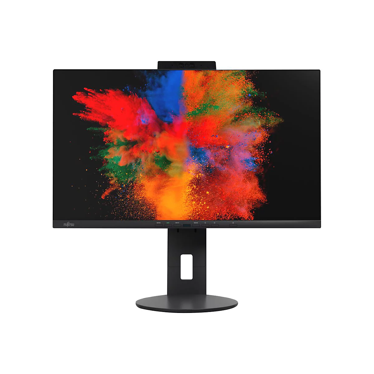 Fujitsu Monitor mit schwarzem Standfuß und bunter Farbpulver-Explosion auf dem Display vor weißem Hintergrund.