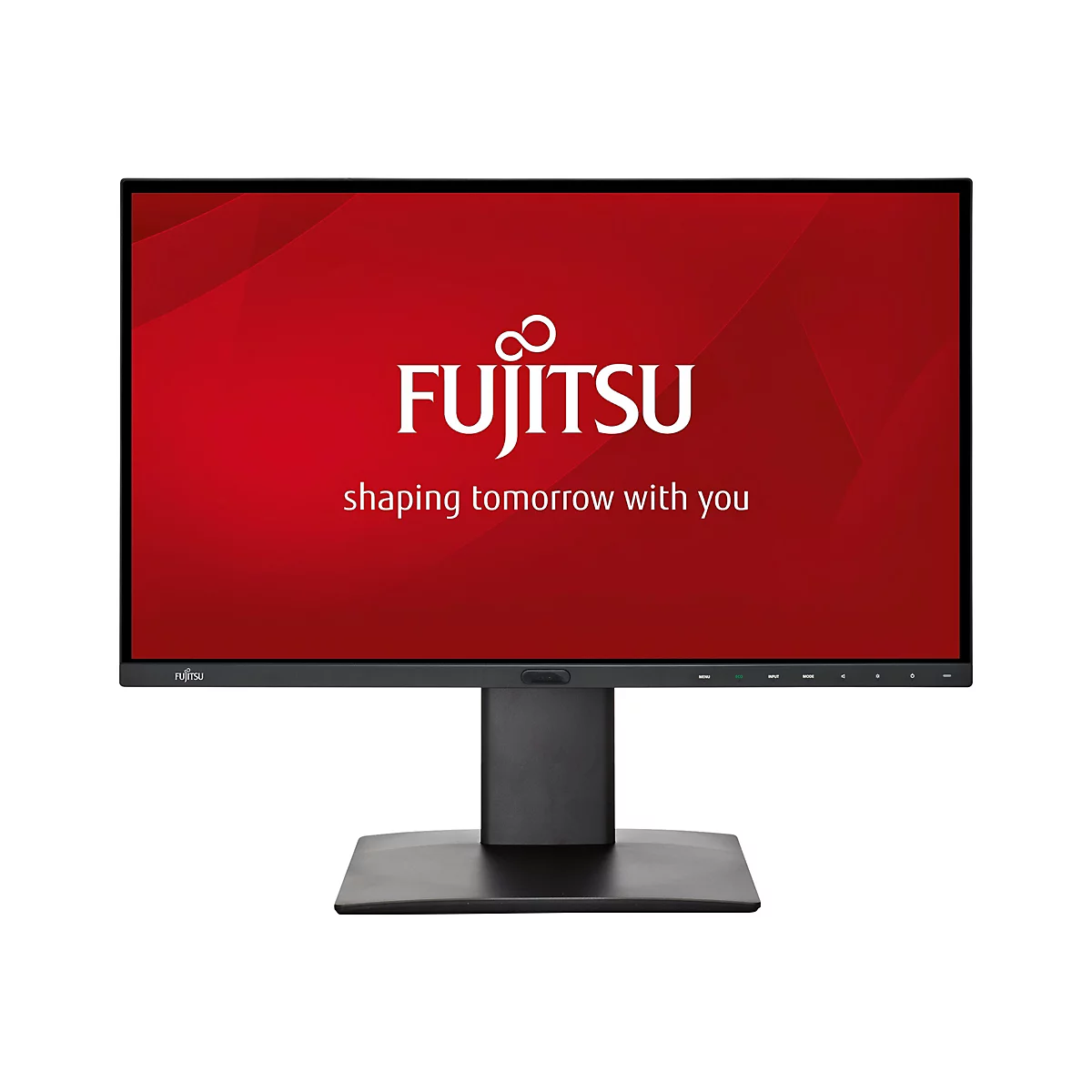 Schwarzer Fujitsu-Monitor mit rotem Bildschirmhintergrund, Fujitsu-Logo und Slogan.