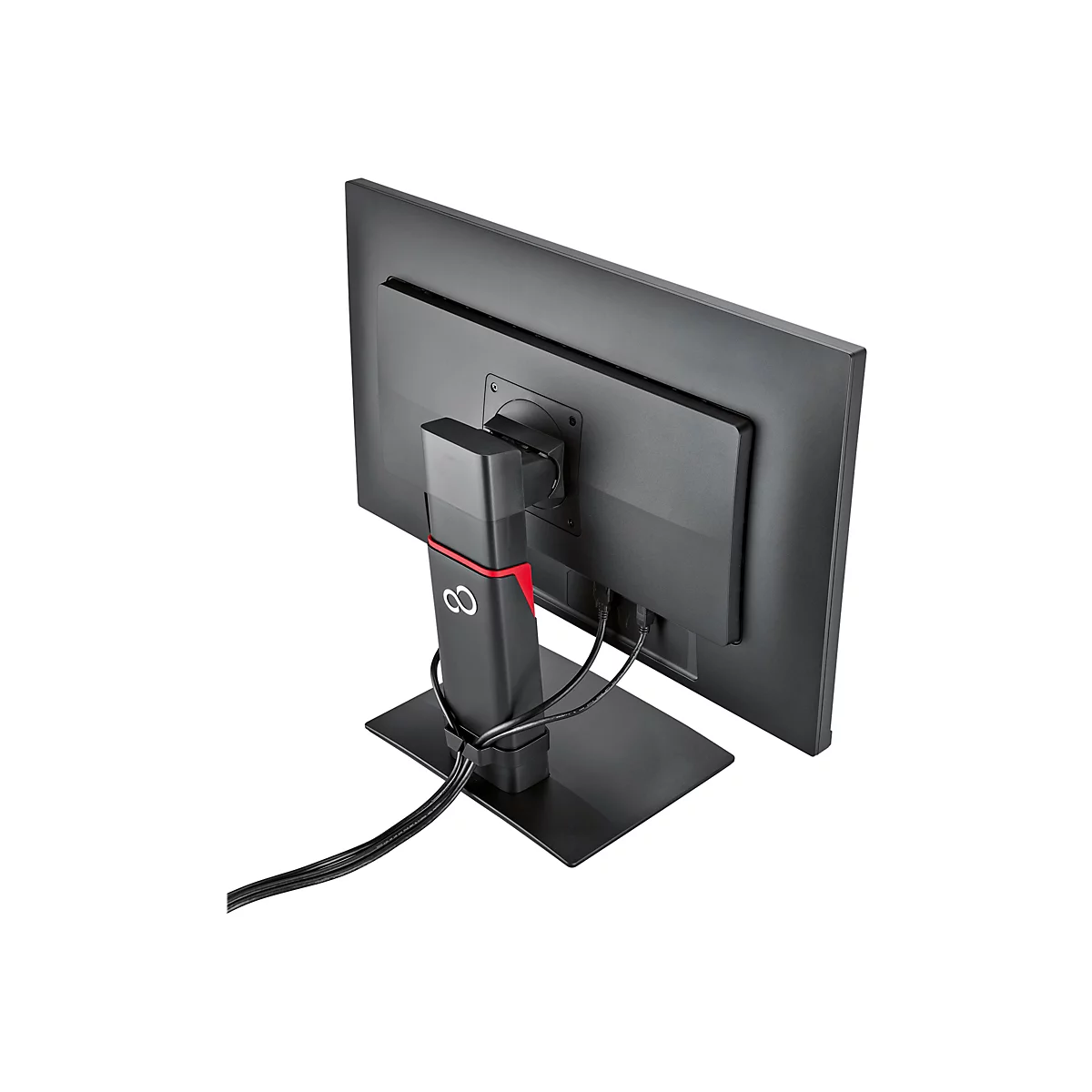 Rückansicht eines schwarzen Fujitsu-Monitors auf einem Standfuß mit integriertem Kabelmanagement vor weißem Hintergrund.