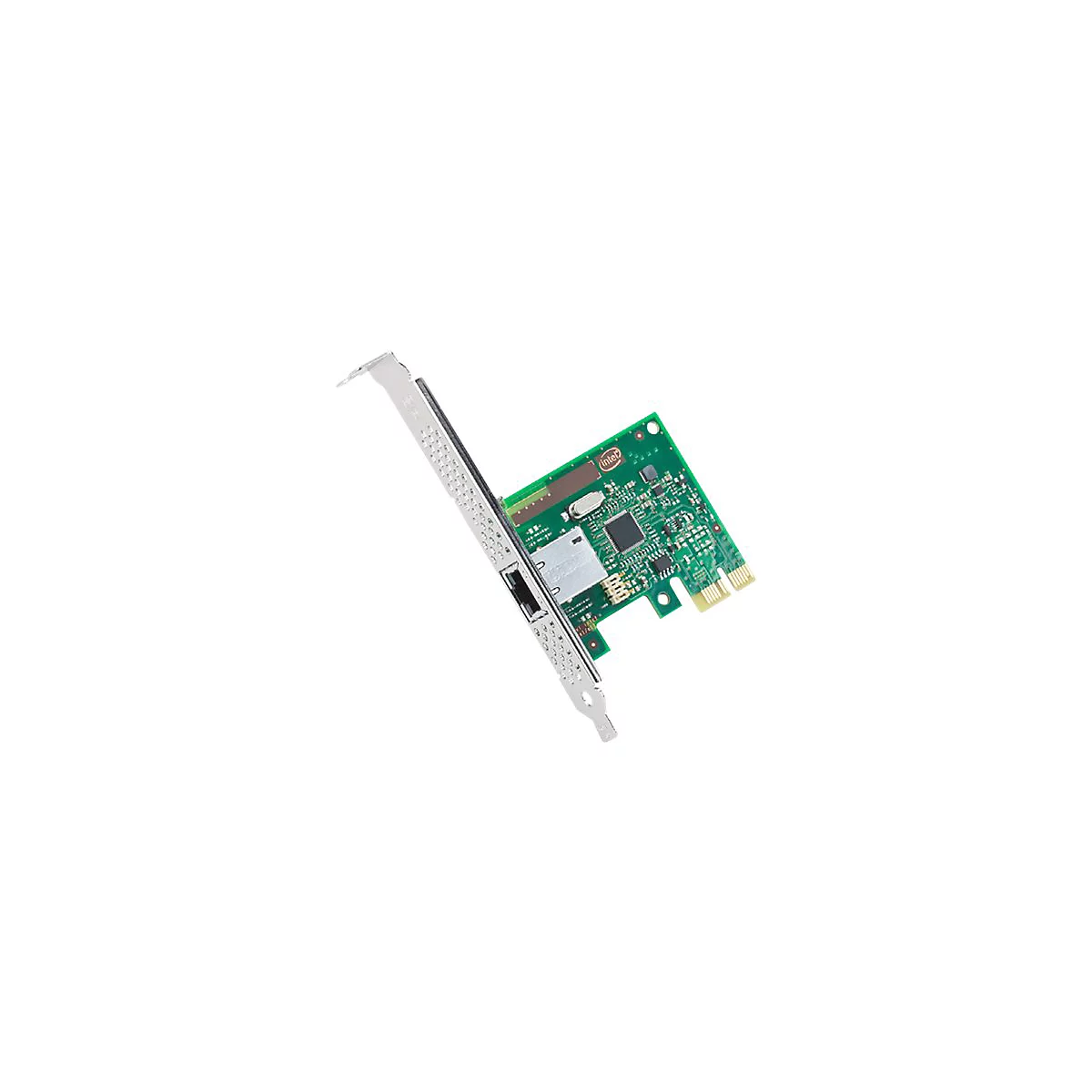 Eine grüne Intel Netzwerkkarte mit Metallblende und RJ45-Port auf weißem Hintergrund.
