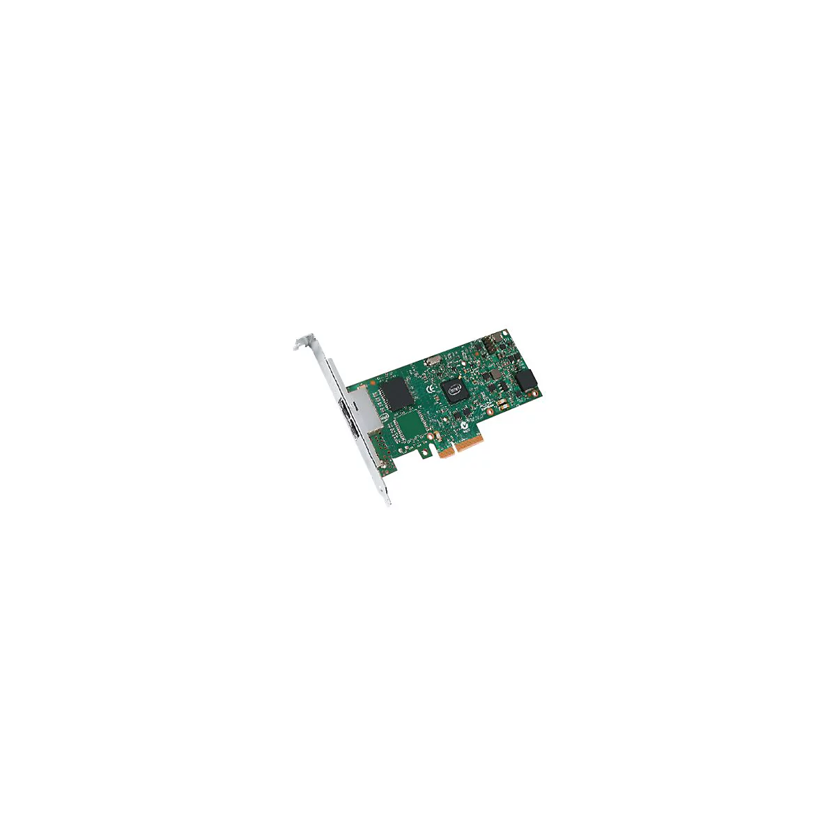Grüne Intel PCI-Express Netzwerkkarte auf weißem Hintergrund mit silberner Anschlussblende.