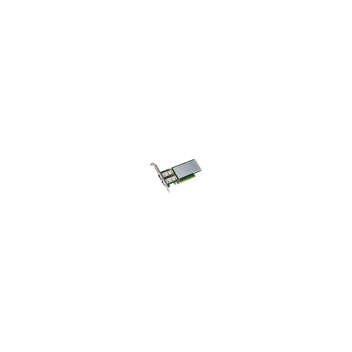 PCIe-Steckkarte mit zwei Anschlüssen und großem silbernen Kühlkörper auf grünem Board vor weißem Hintergrund.