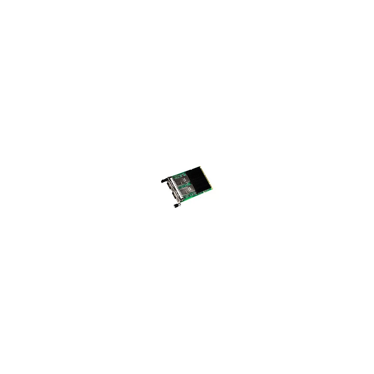 Grüne Netzwerkkarte mit zwei SFP-Ports und einem schwarzen Kühlkörper auf weißem Hintergrund.