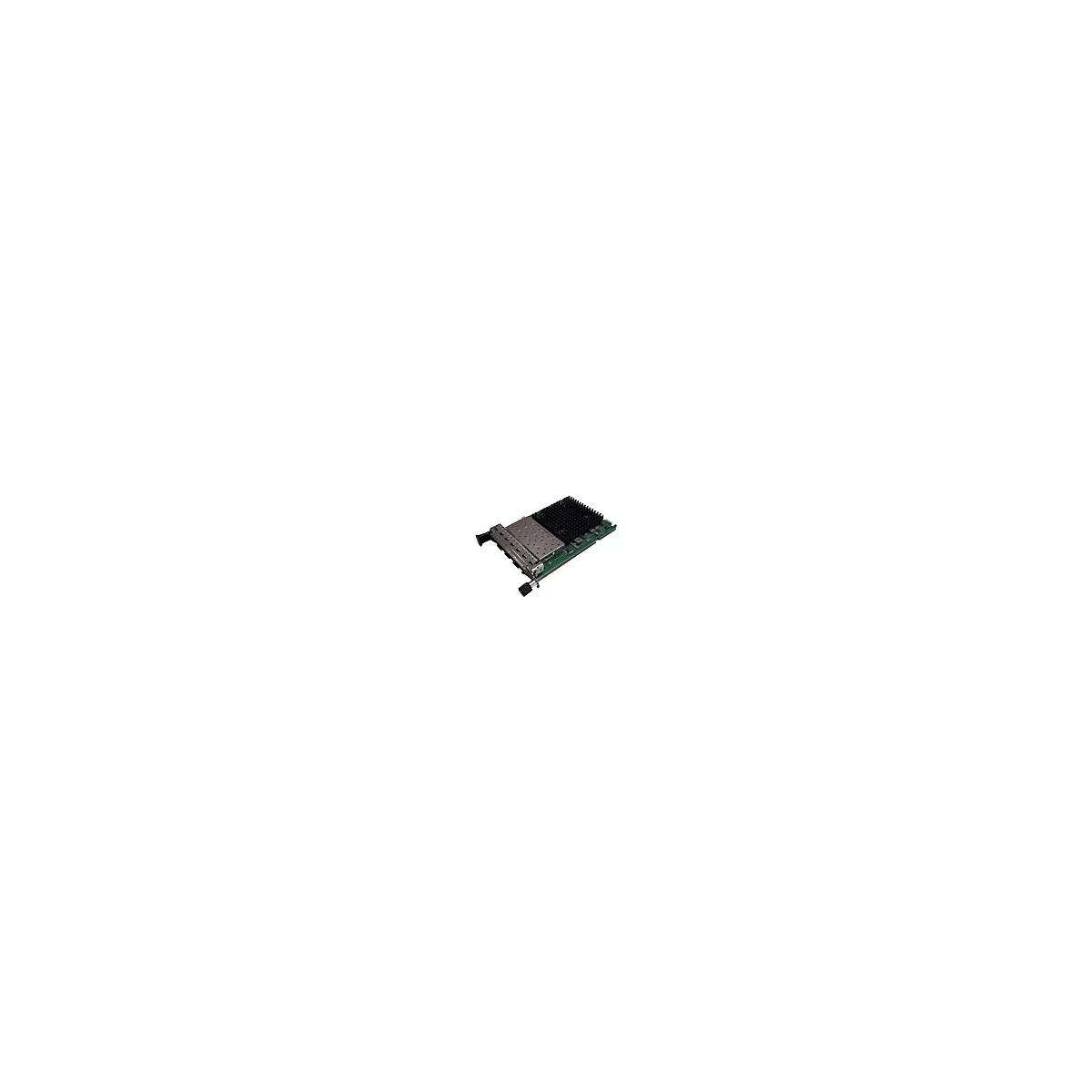 Netzwerk-Interface-Karte mit schwarzem Kühlkörper auf grüner Platine vor weißem Hintergrund.