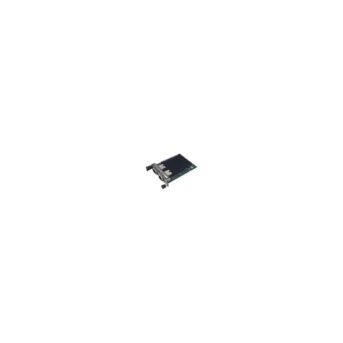 Netzwerkkarte mit grünem PCB und großem schwarzen Kühlkörper, isoliert vor weißem Hintergrund.