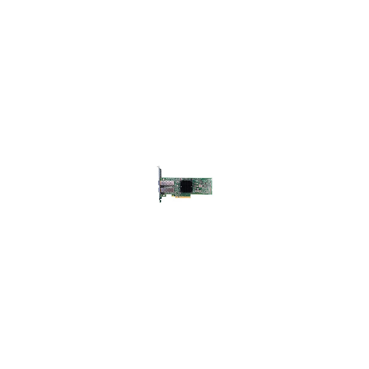 Grüne Netzwerkkarte mit zwei SFP-Ports und einem schwarzen Kühlkörper auf weißem Hintergrund.