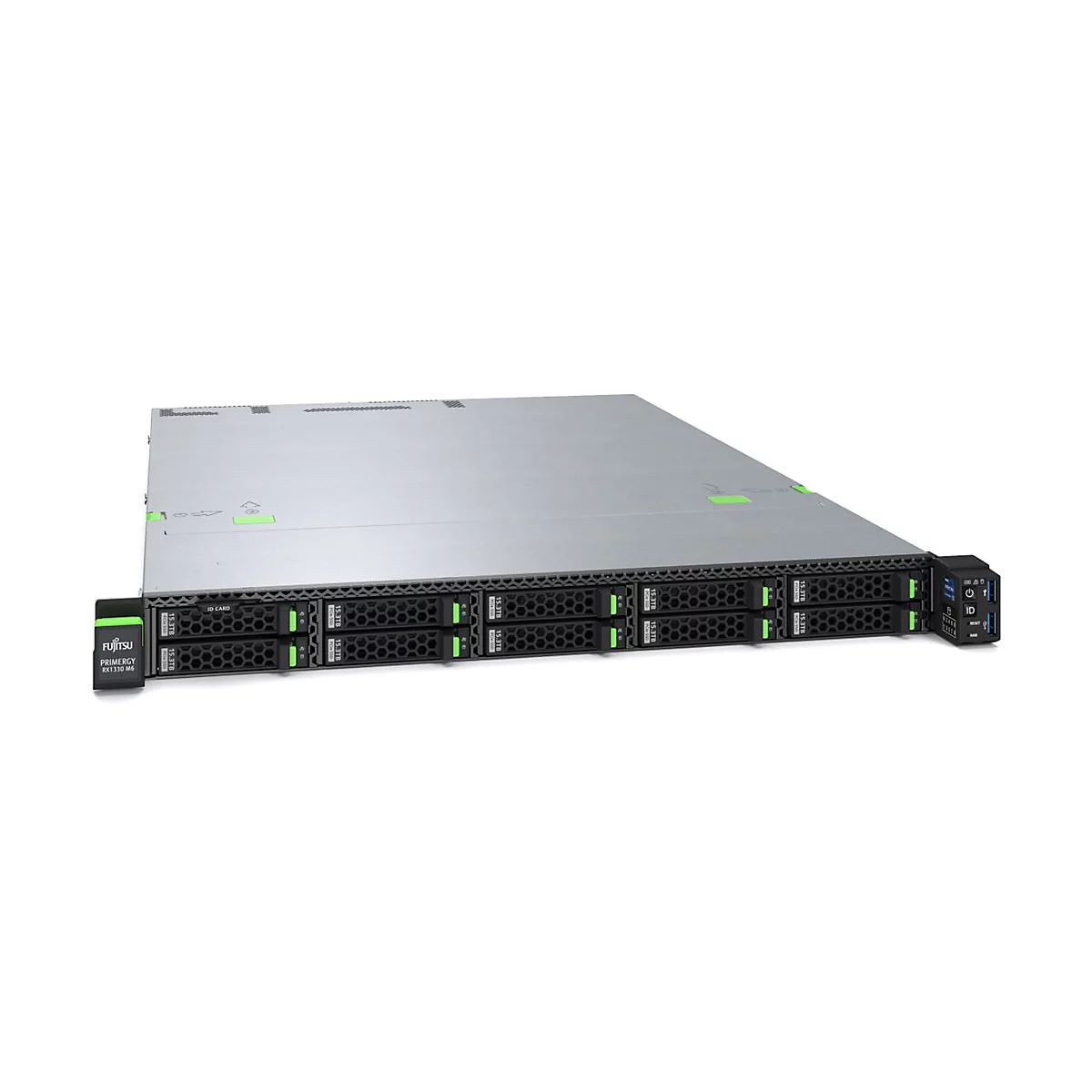 Fujitsu Primergy RX1330 M6 Server vor weißem Hintergrund mit Festplatteneinschüben an der Front.