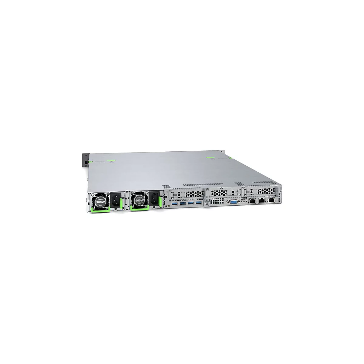 Rückseite eines silbernen 1U-Rack-Servers mit zwei 900W-Netzteilen, Lüftern, USB- und Netzwerkanschlüssen.