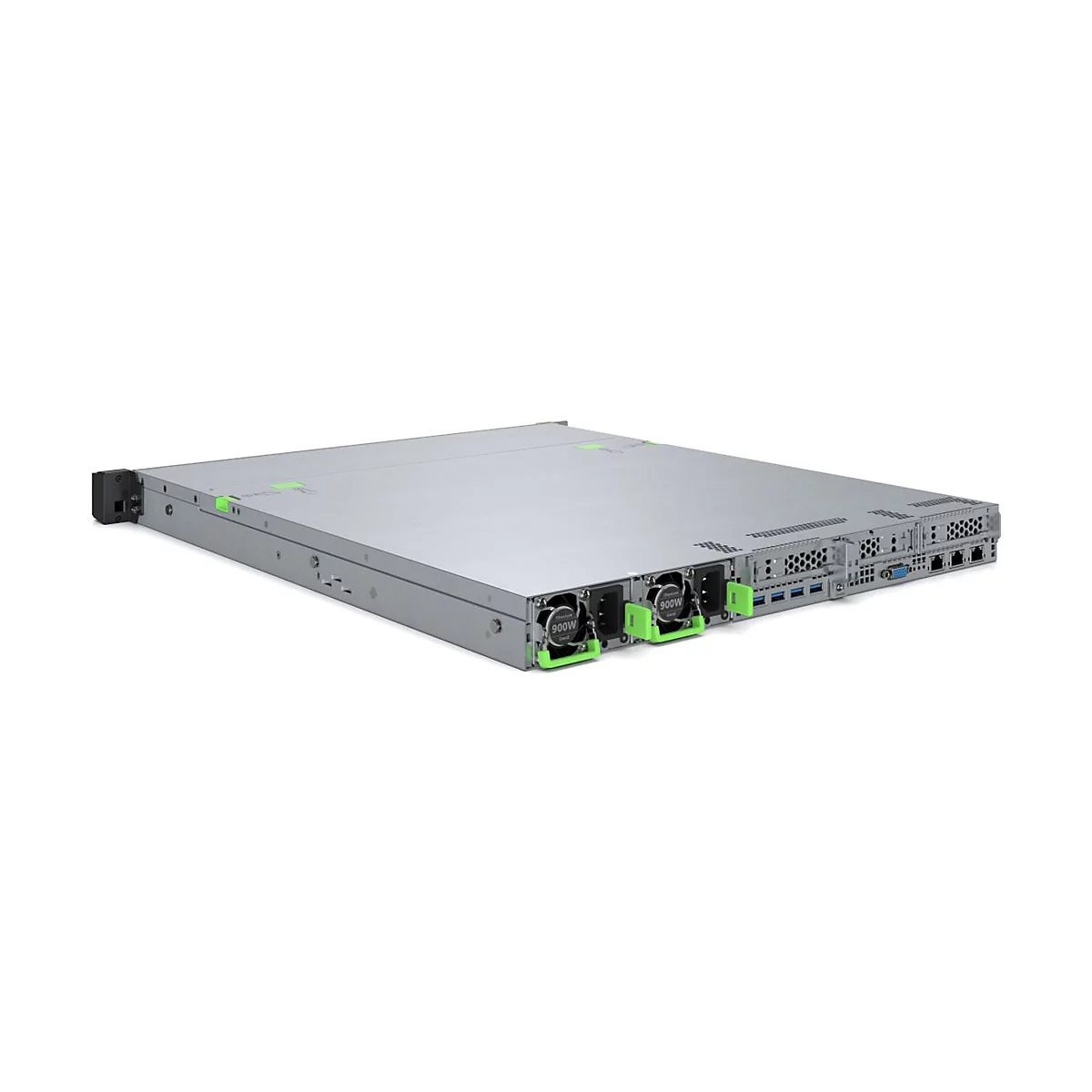 Silberner Rack-Server mit zwei grünen 900W-Netzteilen und diversen Anschlüssen auf weißem Hintergrund.