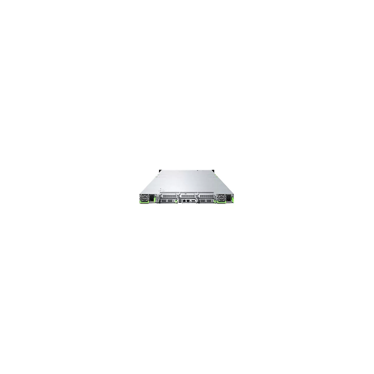 Rückseite eines silbernen Servers mit zwei Netzteilen und Anschlüssen vor weißem Hintergrund.