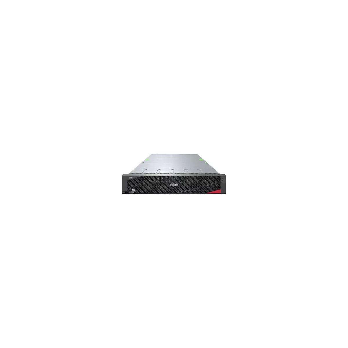 Fujitsu Primergy Rack-Server mit schwarzer Wabenfront, Fujitsu-Logo und rotem Akzent vor weißem Hintergrund.