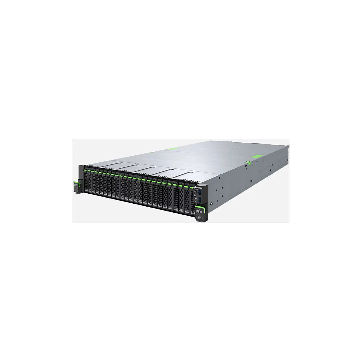Fujitsu Rack-Server-System mit zahlreichen Laufwerkseinschüben und grünem Branding vor neutralem Hintergrund.