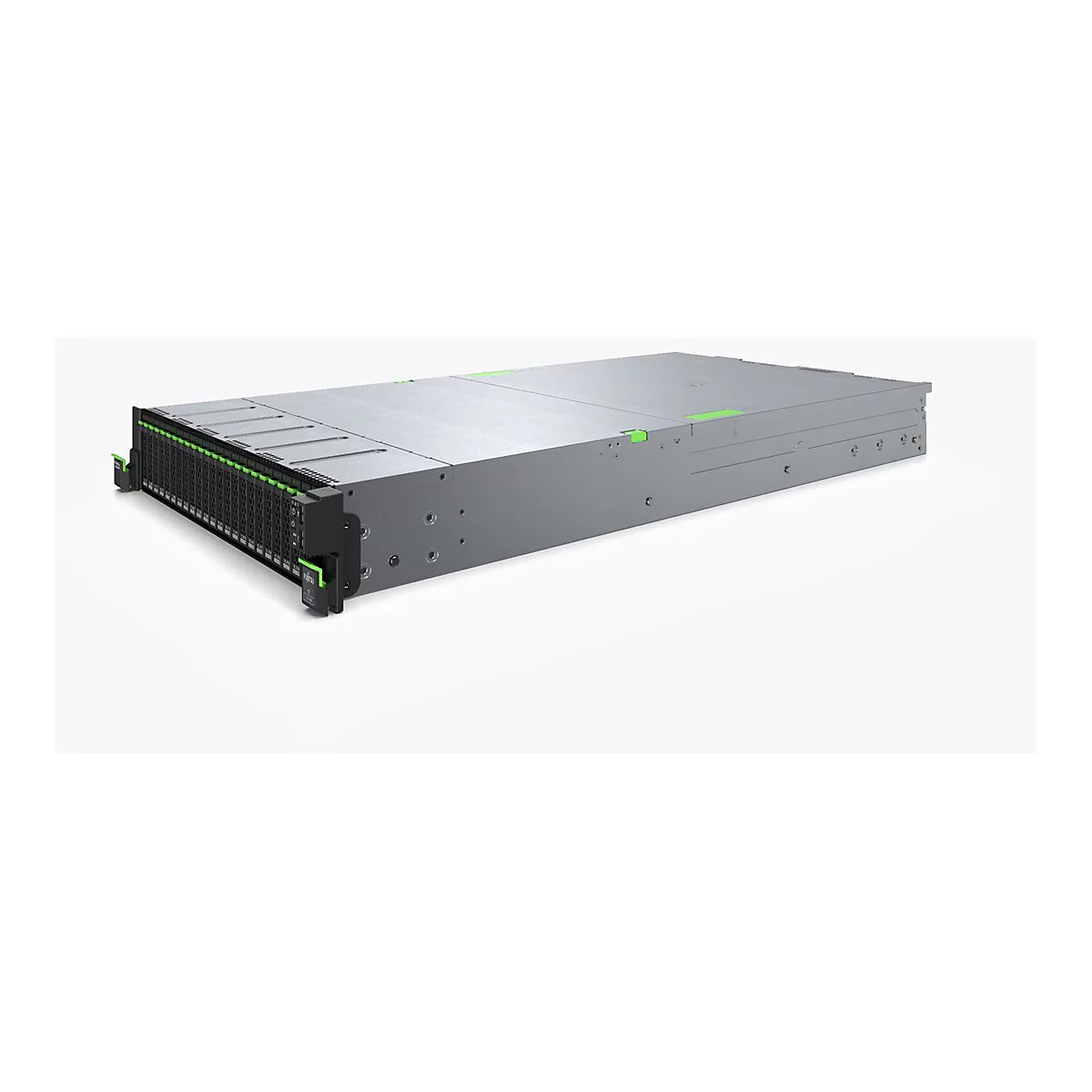 Silberner Fujitsu Server in flachem Rack-Design vor weißem Hintergrund.