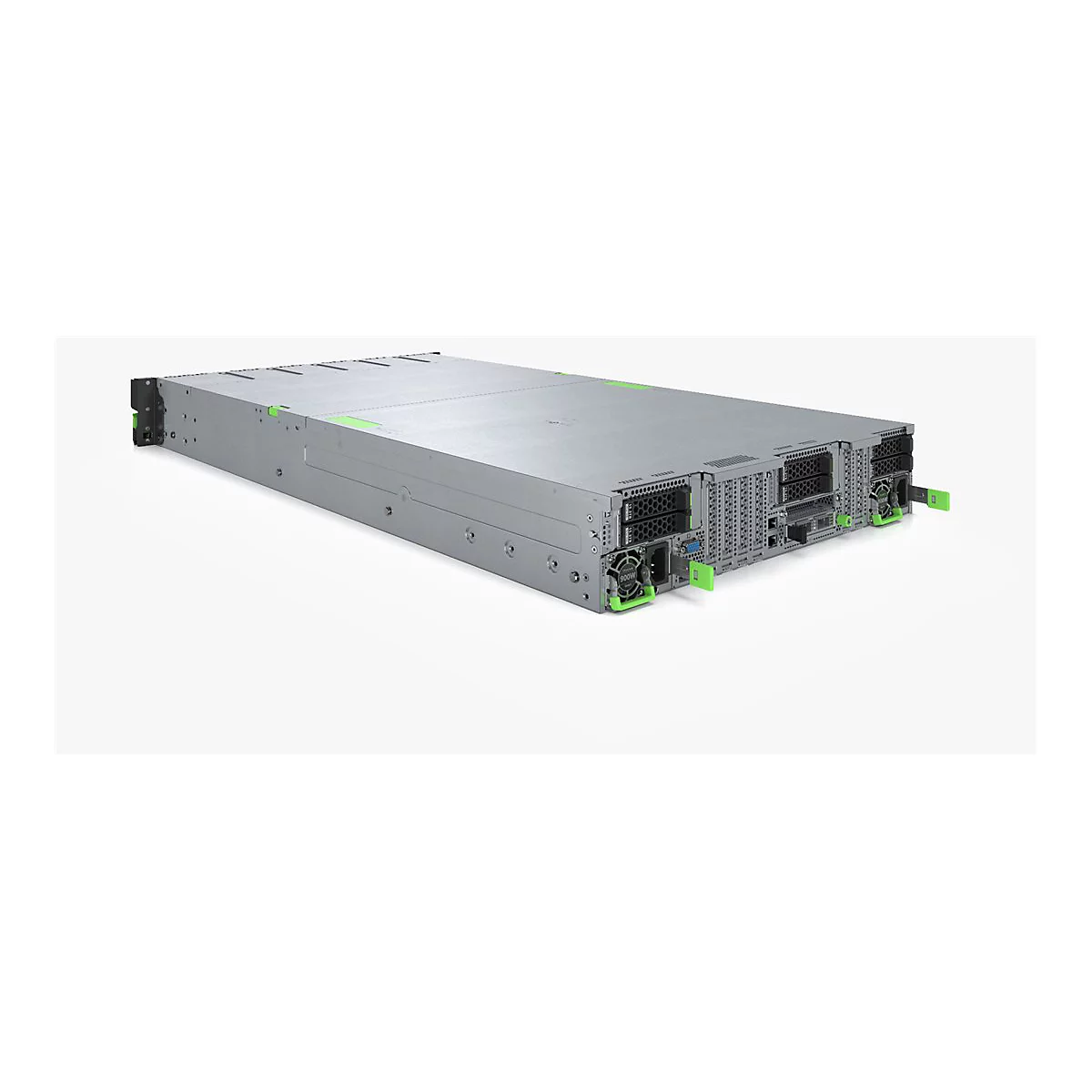 Ein silberner Rack-Server mit grünen Akzenten vor einem neutralen Hintergrund.