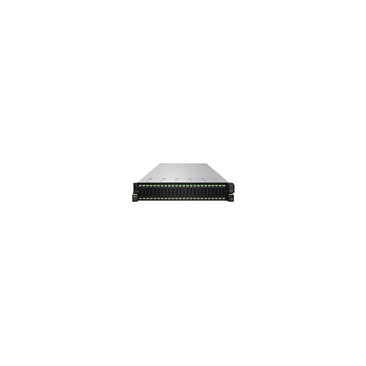 Rack-Servergehäuse in Silber mit einer Front aus schwarzem Gitter und grünen Akzenten.