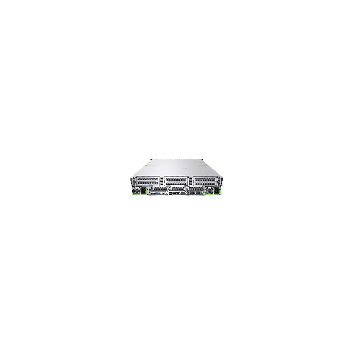 Rückseite eines silbernen Rack-Servers mit zwei Netzteilen, Lüftungsgittern und verschiedenen Netzwerkanschlüssen.