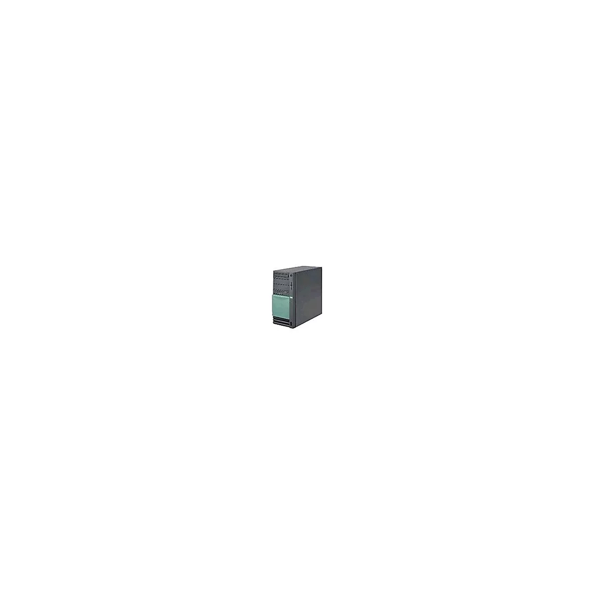 Dunkler PC-Tower mit mintgrünem Frontpanel vor weißem Hintergrund.