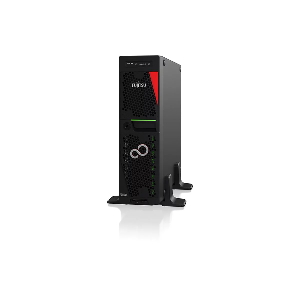 Schwarzer Fujitsu Primergy TX1320 M6 Tower-Server mit Frontgitter und Logo vor weißem Hintergrund.