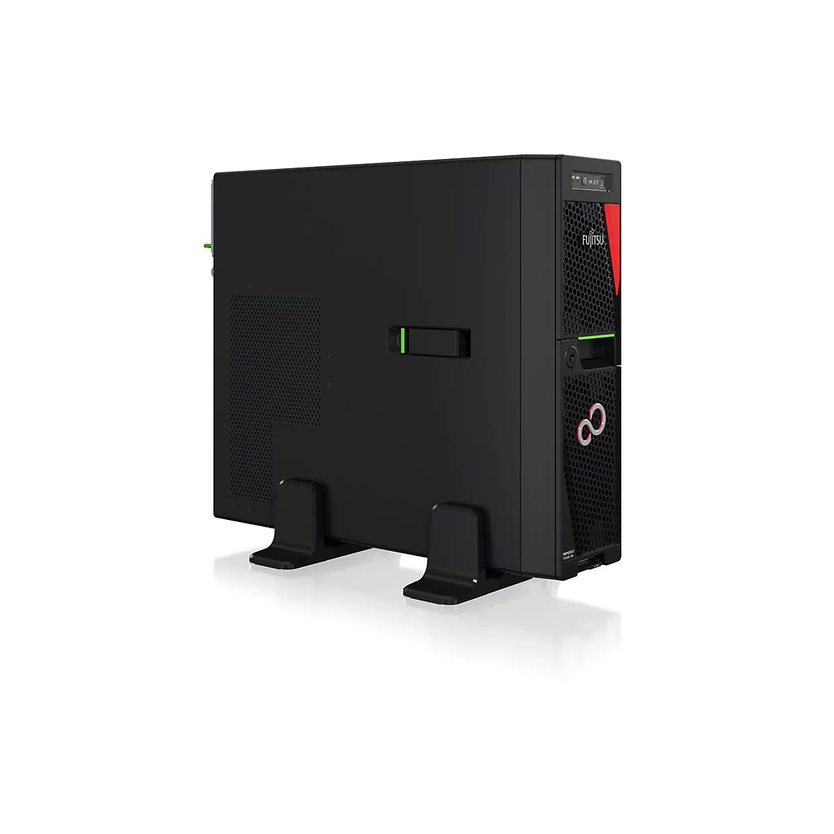 Schwarzer Fujitsu Tower-Server mit rotem Akzent und Firmenlogo auf weißem Hintergrund.