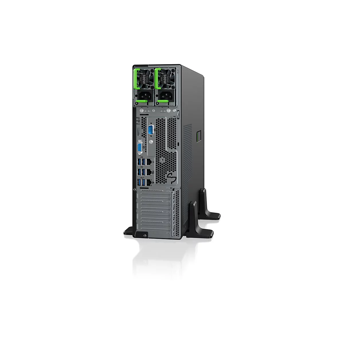 Rückseite eines schwarzen Servers auf einem Ständer mit zwei Netzteilen, zahlreichen Anschlüssen und Lüftungsschlitzen.