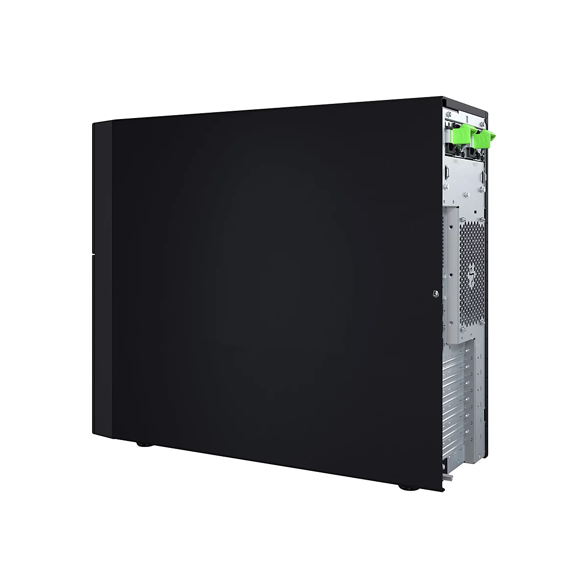 Schwarzer Server-Tower, seitlich betrachtet. Grüne Elemente am offenen Heck, vor weißem Hintergrund.