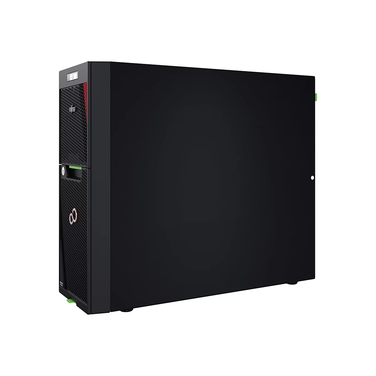 Schwarzer Server-Tower vor weißem Hintergrund. Vorne ist das Logo der Marke Fujitsu sichtbar.