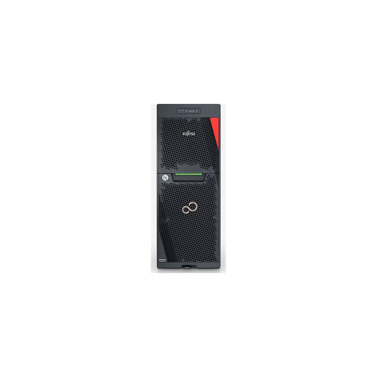 Fujitsu Primergy Tower-Server in schwarzem Gehäuse mit Wabenmuster-Front und Fujitsu-Logo.