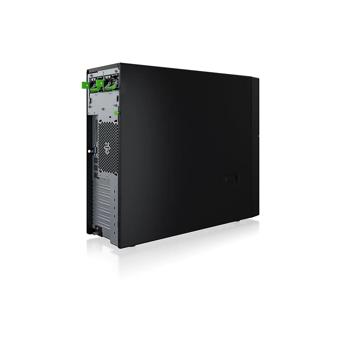 Schwarzer Tower-Server mit grünen Netzteil-Griffschalen vor weißem Hintergrund.