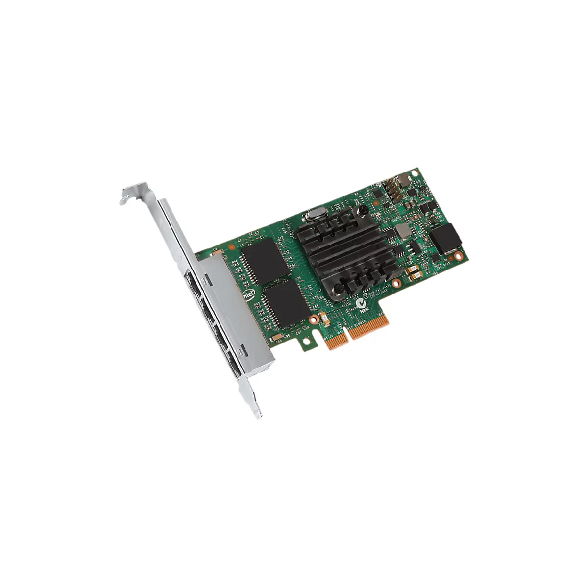 Eine grüne Intel Netzwerkkarte mit Metallblende und Kühlkörper vor weißem Hintergrund.