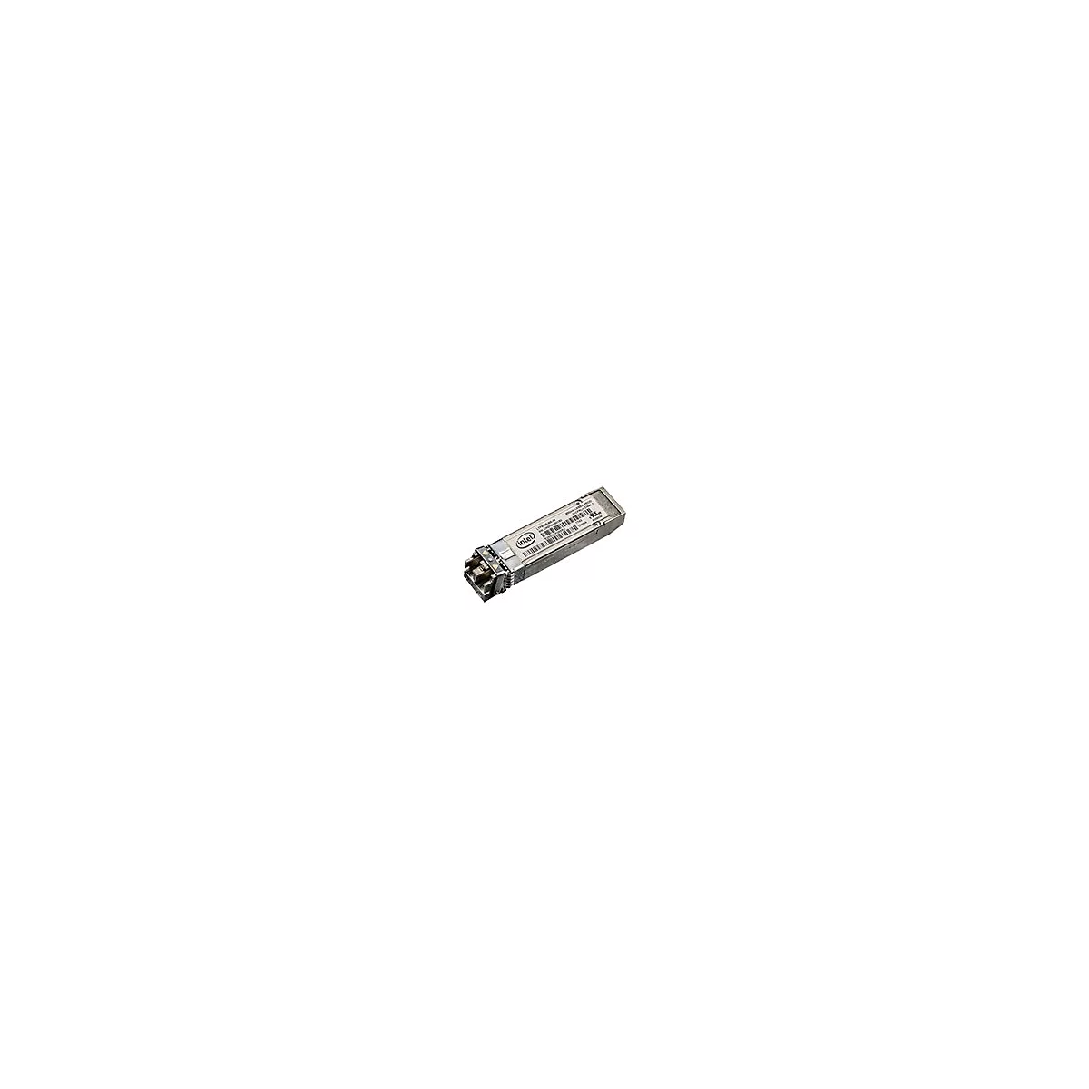 Ein metallisches Intel SFP-Transceiver-Modul mit Aufkleber und Anschlüssen vor weißem Hintergrund.