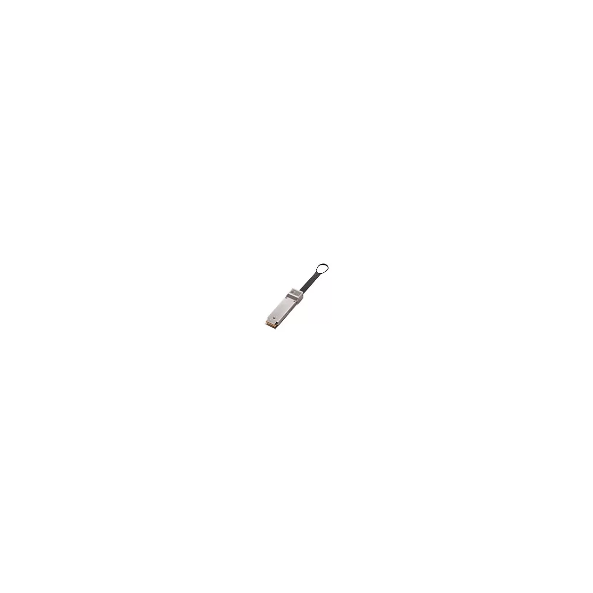 QSFP-Transceiver-Modul aus Metall mit einer schwarzen Schlaufe zur einfachen Handhabung auf weißem Hintergrund.