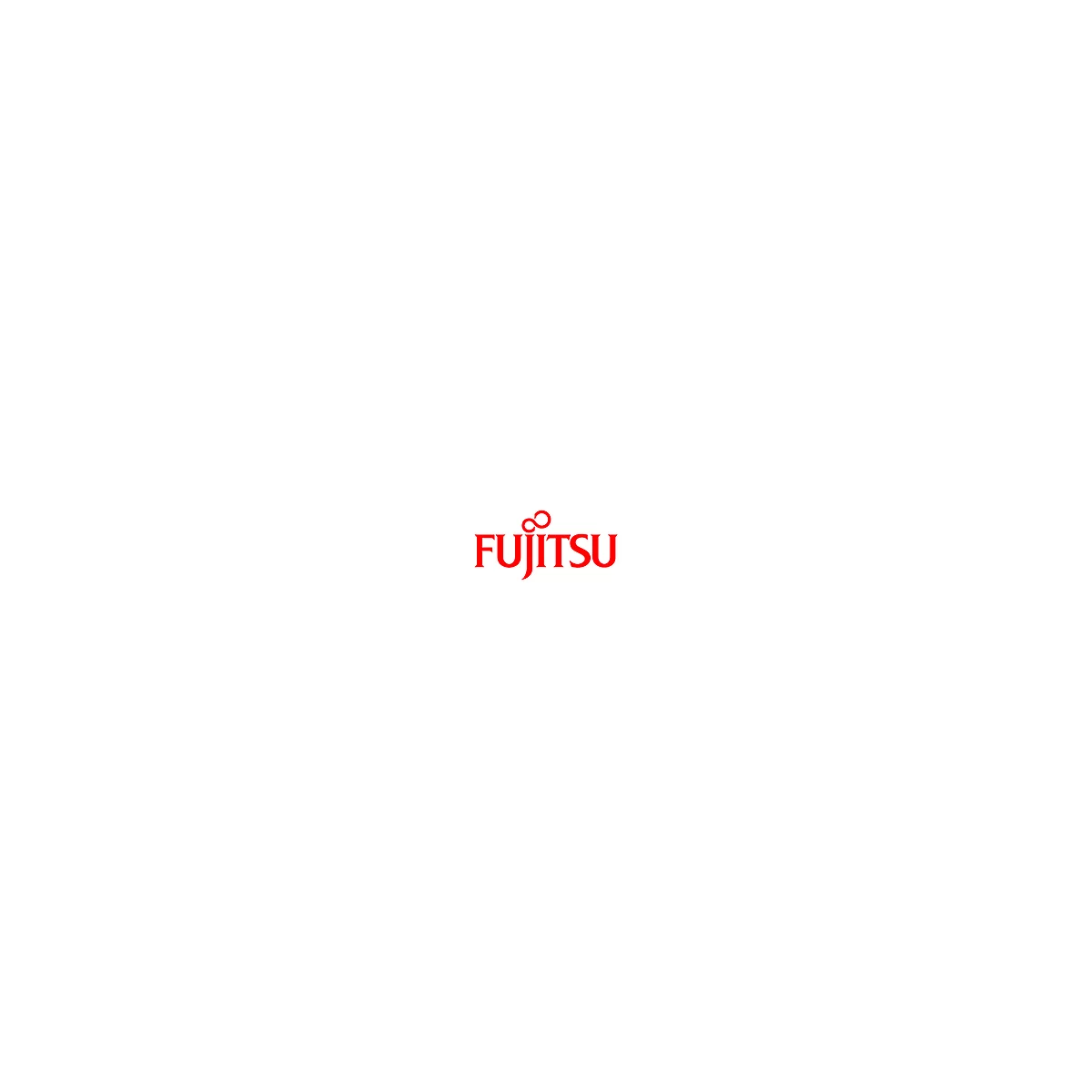 Rotes Fujitsu Logo auf weißem Hintergrund. Der Schriftzug 'FUJITSU' wird von einer stilisierte Unendlichkeits-Symbol gekrönt.