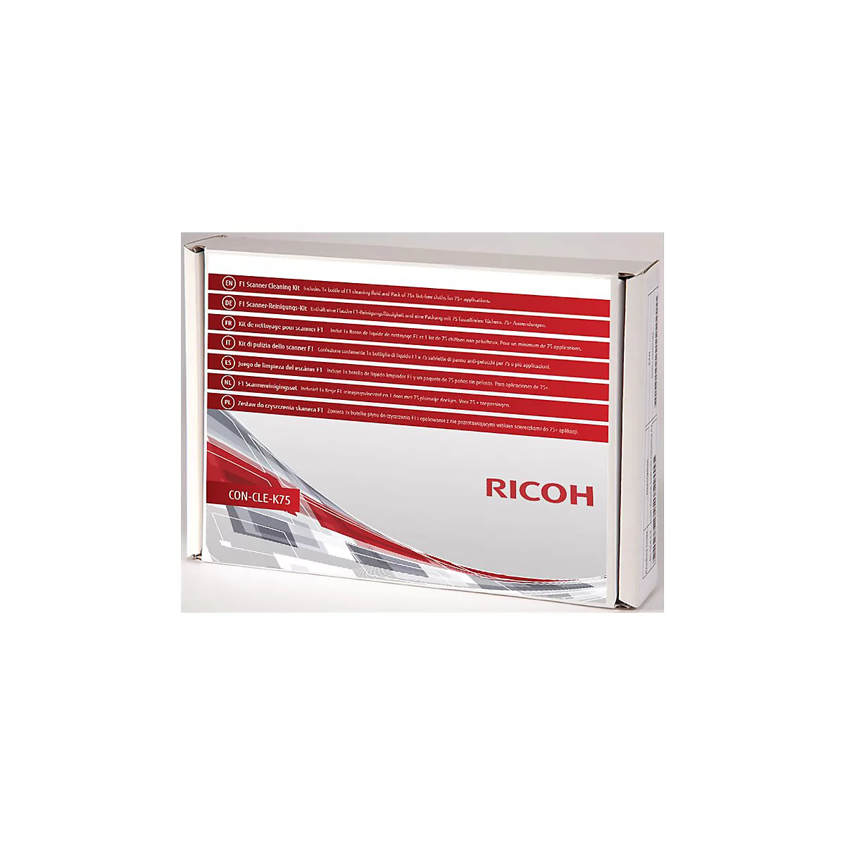 Eine Produktverpackung des F1 Scanner Cleaning Kits. Der Karton trägt den RICOH-Schriftzug.