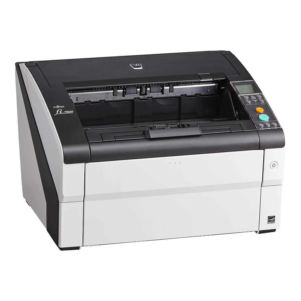 Ein grauer und weißer Fujitsu fi-7800 Scanner. Auf der Oberseite befindet sich eine schwarze Abdeckung mit einem Bedienfeld, das Knöpfe und ein Display zeigt. Das Energy Star Logo ist rechts.