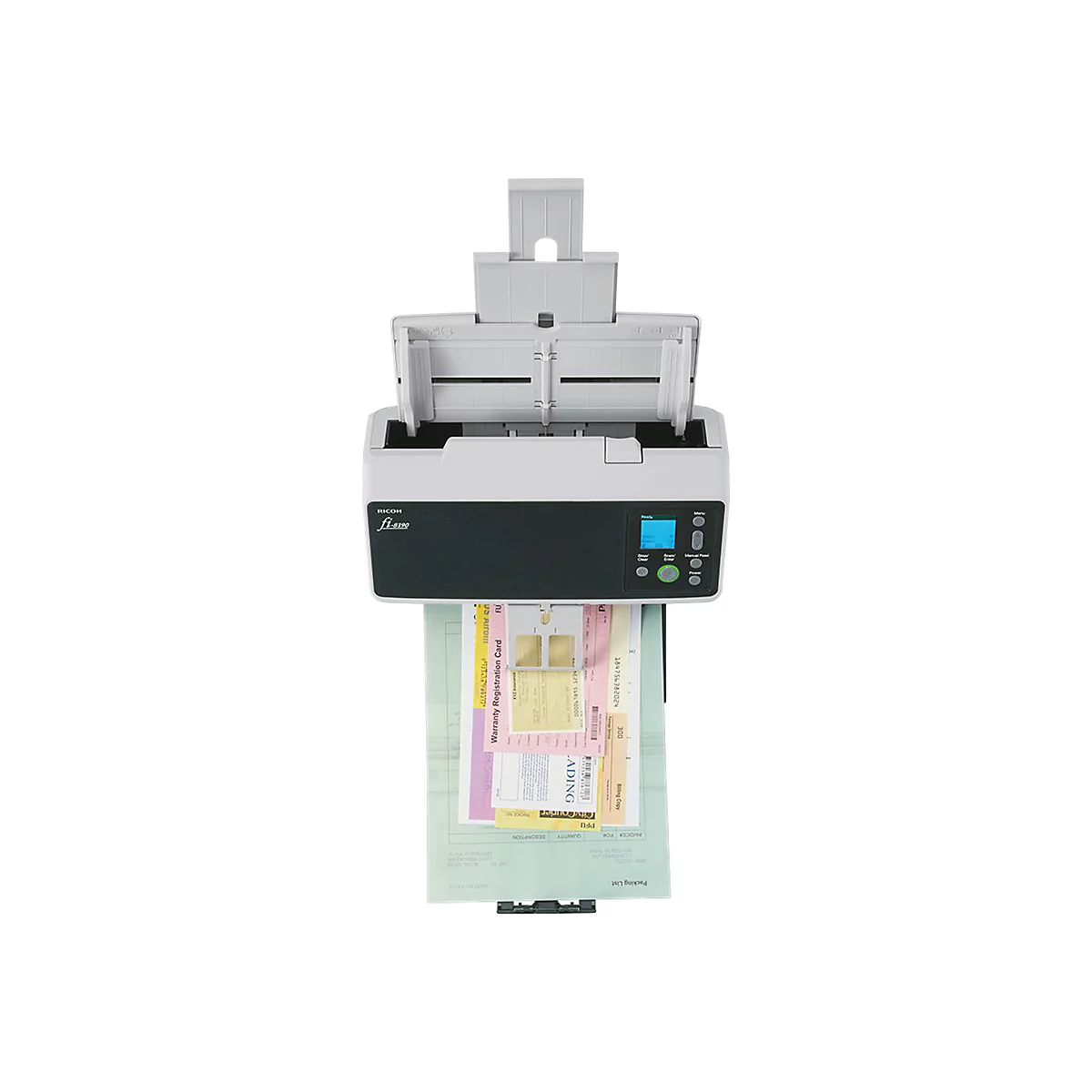 Ein grauer Dokumentenscanner mit geöffnetem Deckel, der Dokumente einzieht. Auf dem Display sind Bedienknöpfe zu sehen.