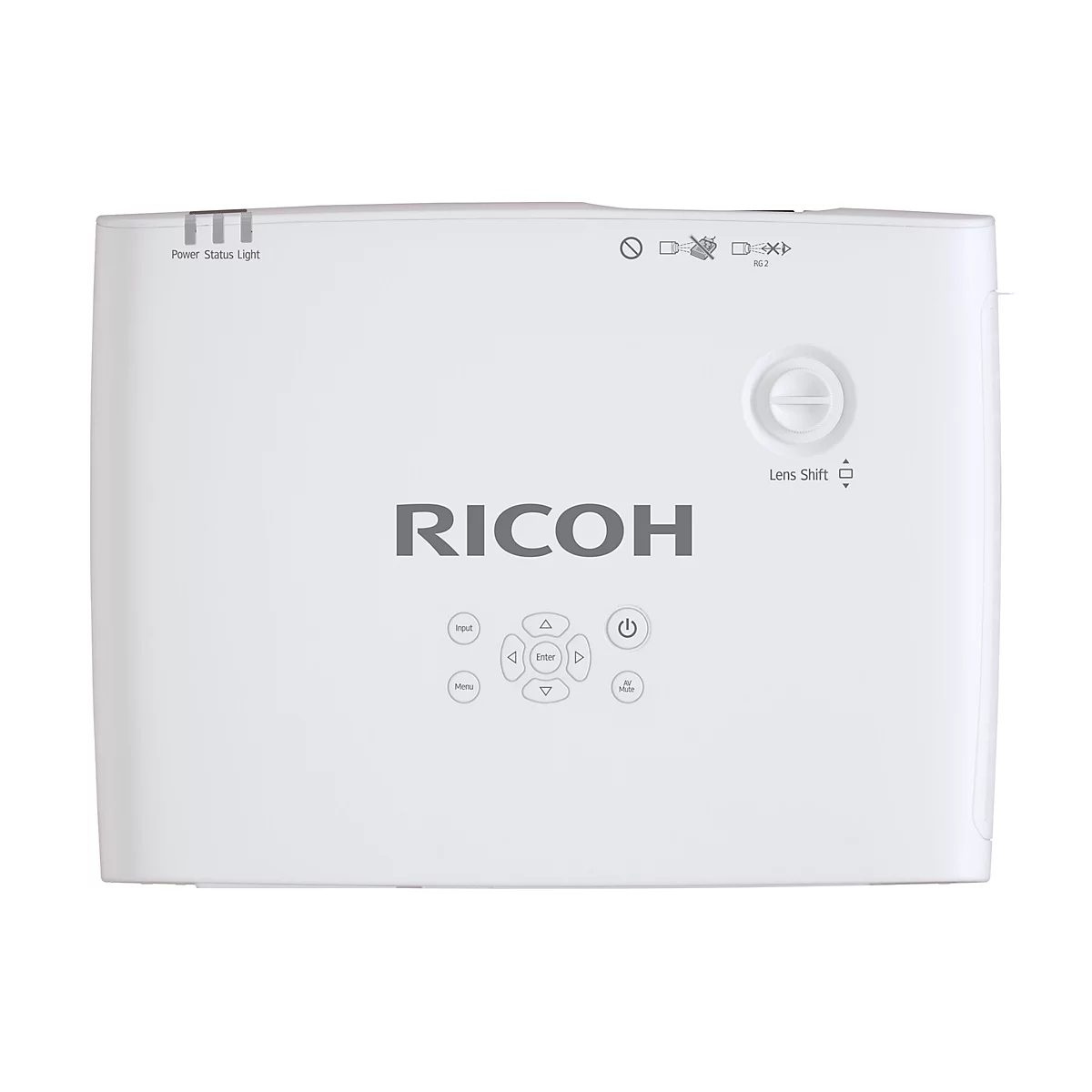 Draufsicht eines weißen Ricoh Projektors mit Bedienfeld und Lens-Shift-Drehrad.